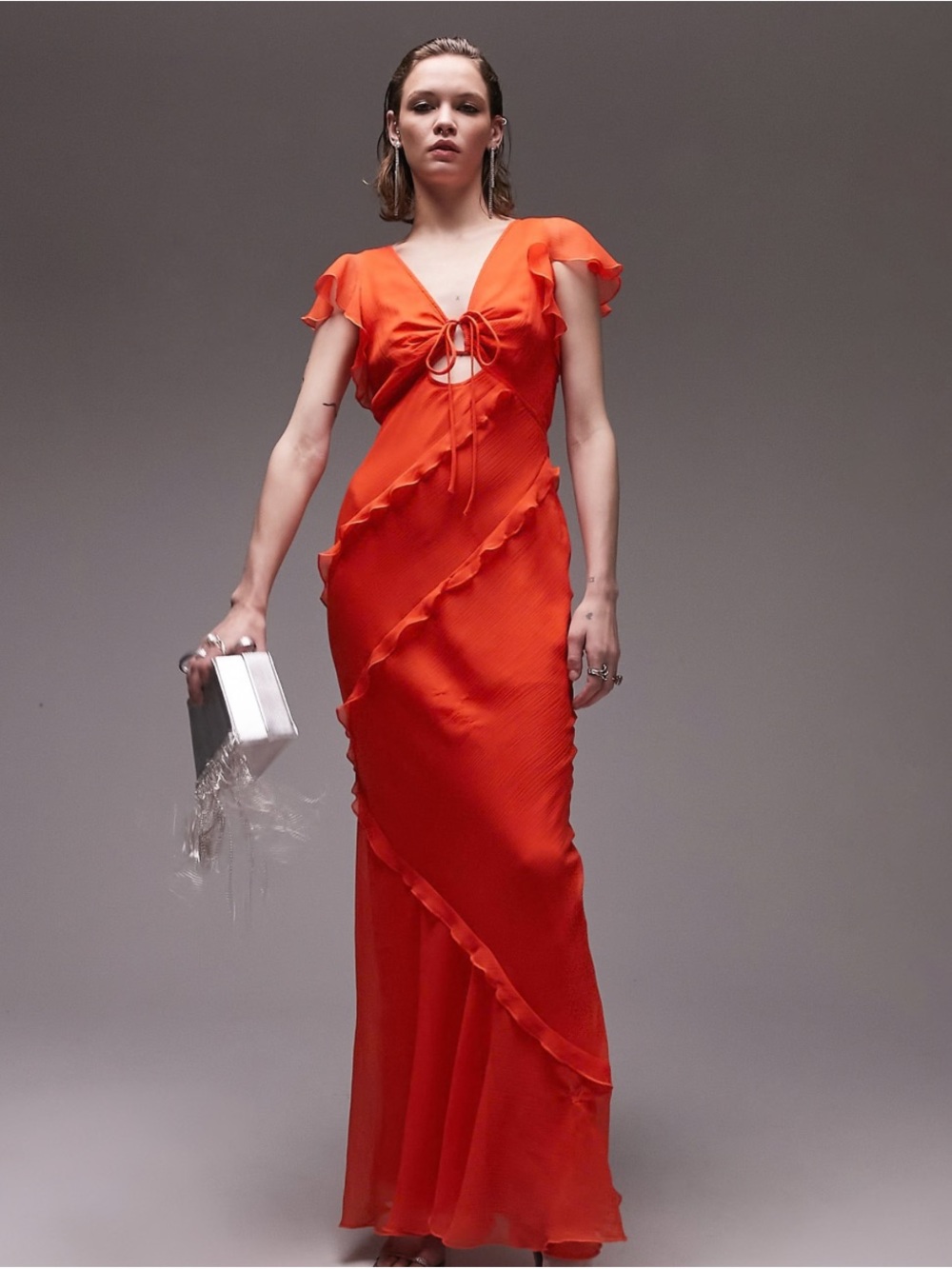 Topshop Orange Ruffle-Trim Maxi Dress with Tie Front